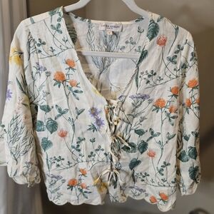 Laura Ashley Cream Floral Blouse with Tie Front Linen Blend Size Small